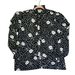 Lucky Me USA Vintage Floral Ruffle High Neck Blouse Black White Puffed Sleeve 40